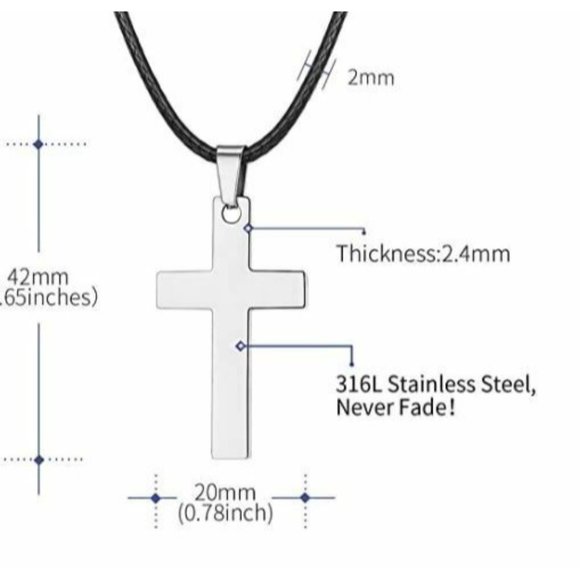 Stainless Steel Silver Cross Pendant Necklace Black Wax Leather C… - Picture 5 of 6